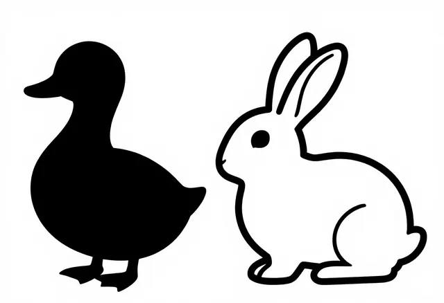 The duck-rabbit ambiguous figure in flat black on white