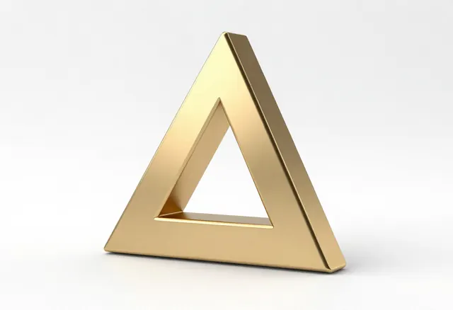 Impossible triangle rendered in brushed gold on white