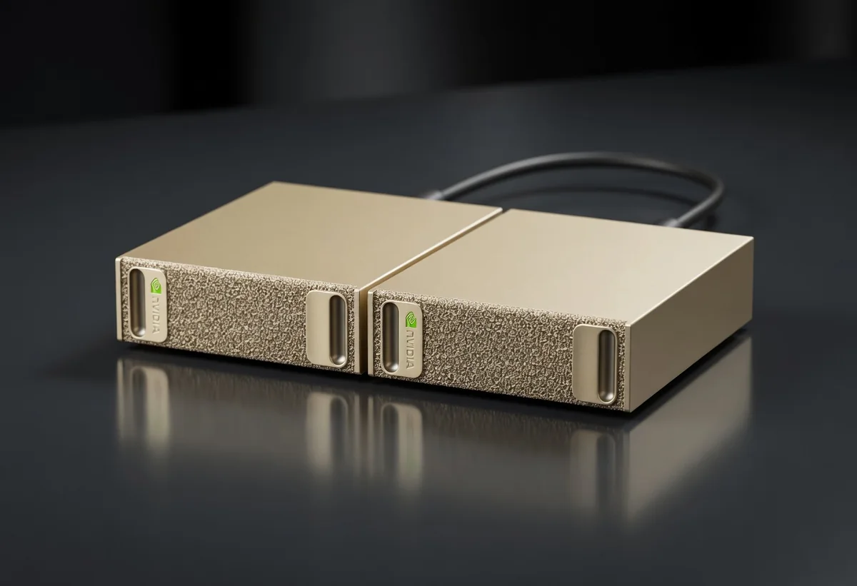 Two NVIDIA DGX Spark units, champagne metal bricks, linked as a cluster