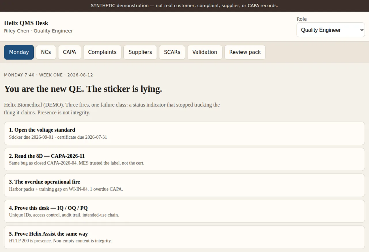 Helix QMS Desk Monday war-room — sticker versus certificate mismatch, CAPA, training gaps